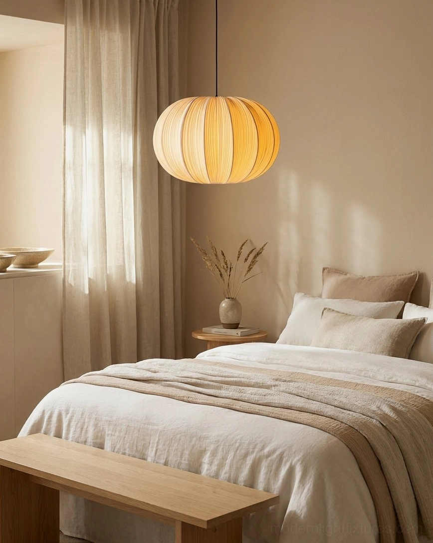 Large oblate Elunor lantern pendant light with E27 warm-white bulb glowing through pleats, ambient light diffusion