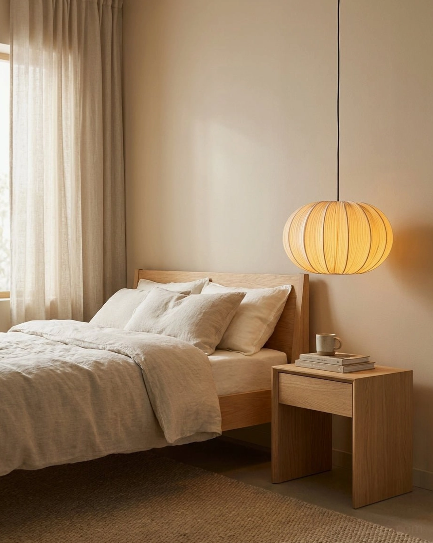 Cream fabric lantern pendant light in bedroom bedside setting, warm minimalist bedroom lighting