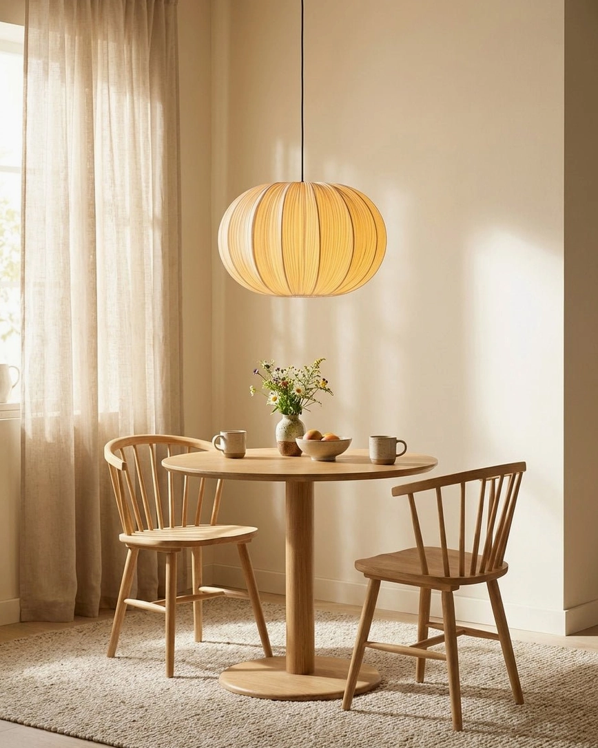 Pumpkin-shaped Elunor pendant light over round dining table, warm Japandi interior, intimate dining nook