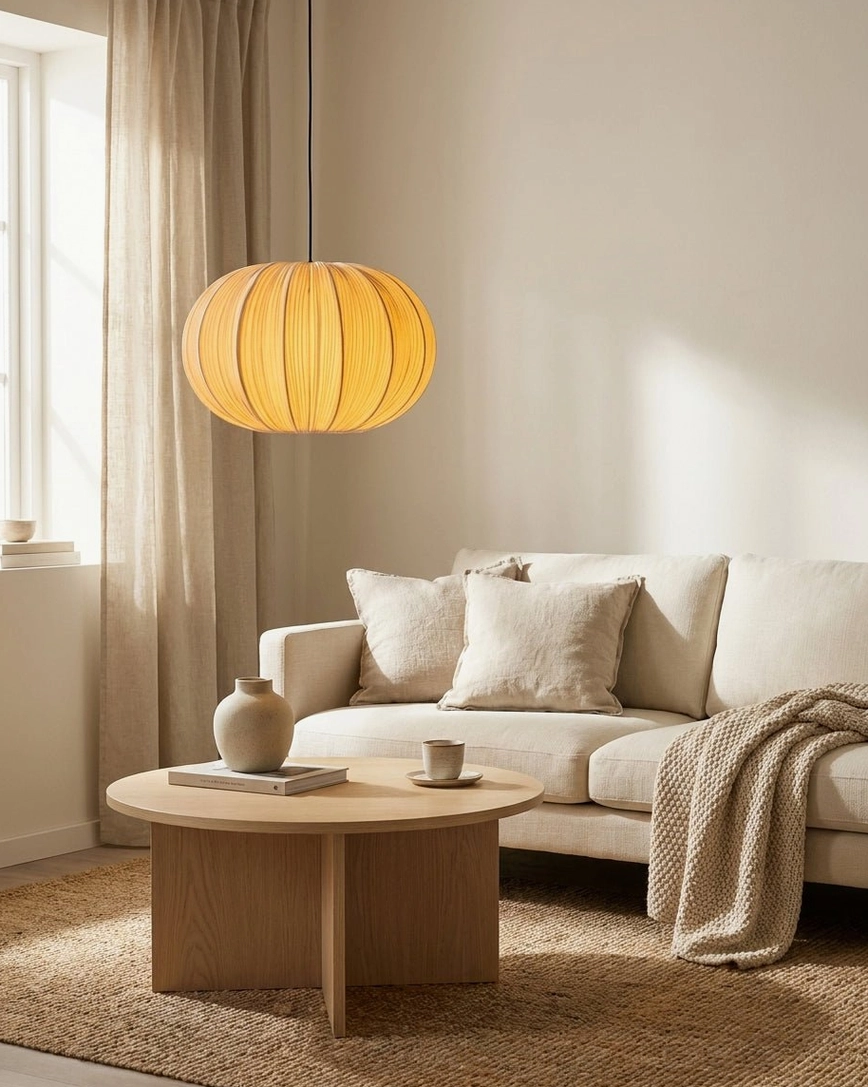 Wide-angle interior of Elunor pendant light in living lounge space, neutral warm minimalist decor