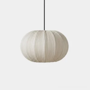 Elunor pleated fabric pendant light with cream-oatmeal ribbed shade, front studio view, Japandi design