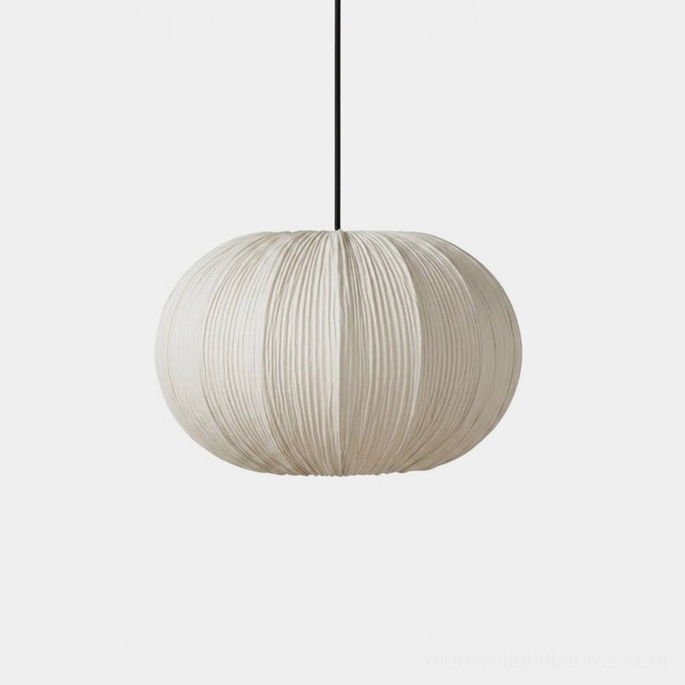 Elunor pleated fabric pendant light with cream-oatmeal ribbed shade, front studio view, Japandi design