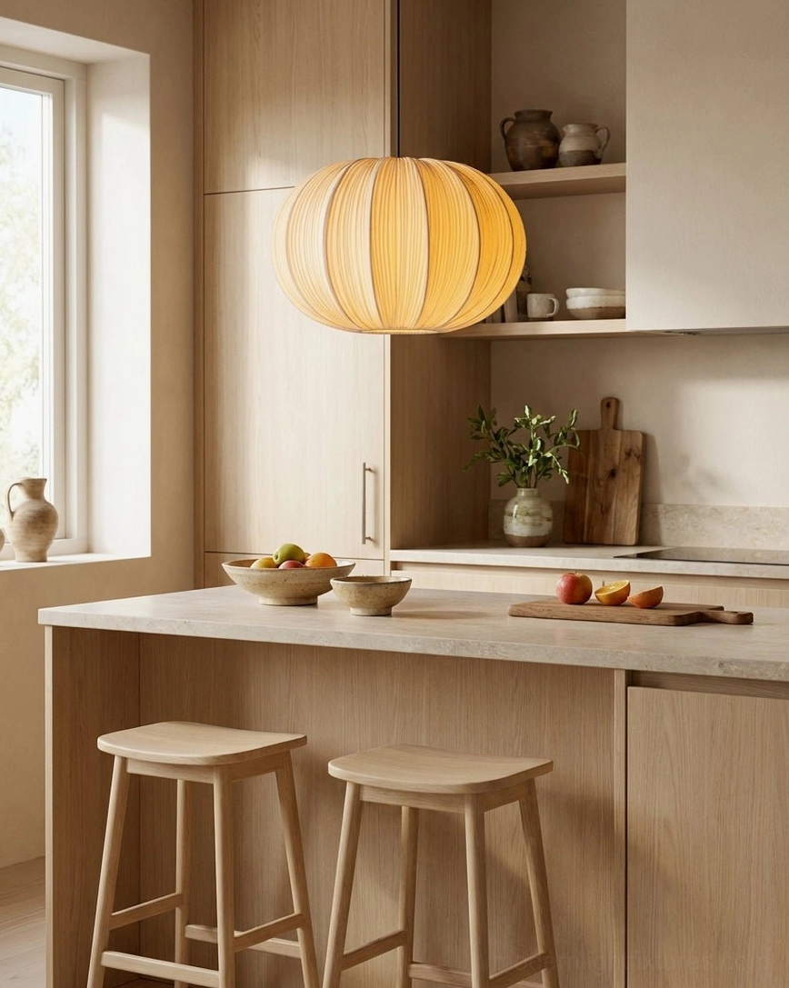 Pumpkin-shaped pleated pendant light over kitchen breakfast bar, warm wood Japandi kitchen design