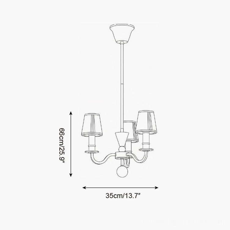 Elviera 3-head chandelier technical schematic diagram, 35cm width x 66cm height specifications