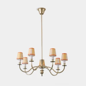 Elviera mid-century modern chandelier with 6 golden curved arms and orange-trimmed glass shades, studio overhead view