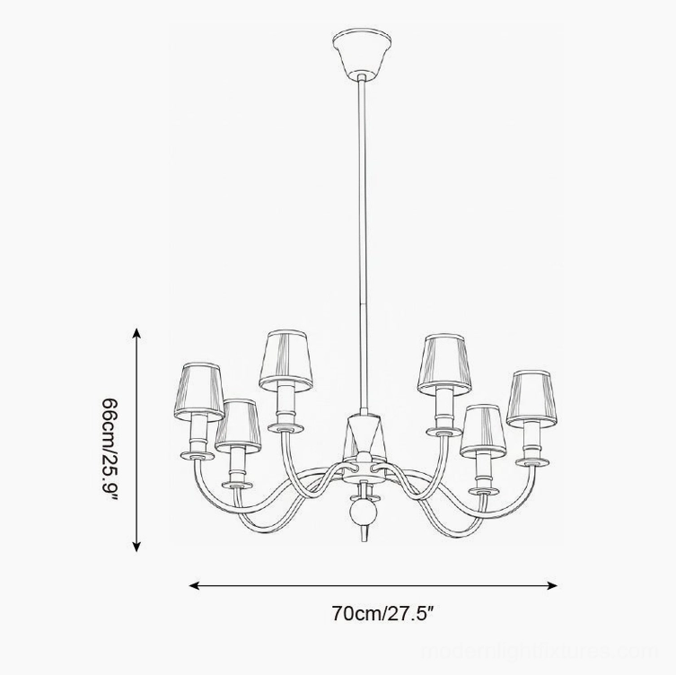 Elviera 7-head chandelier technical design diagram, 70cm width x 66cm height specifications