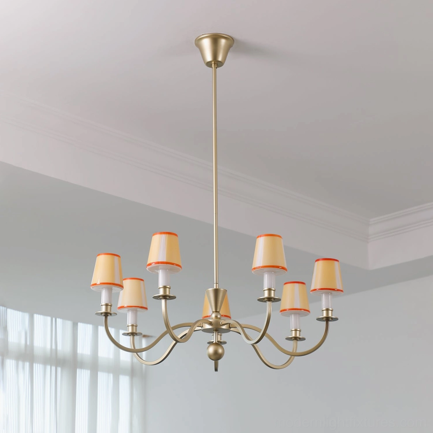 Elviera 7-head chandelier gold and yellow color variant, full view showing all arms and shades