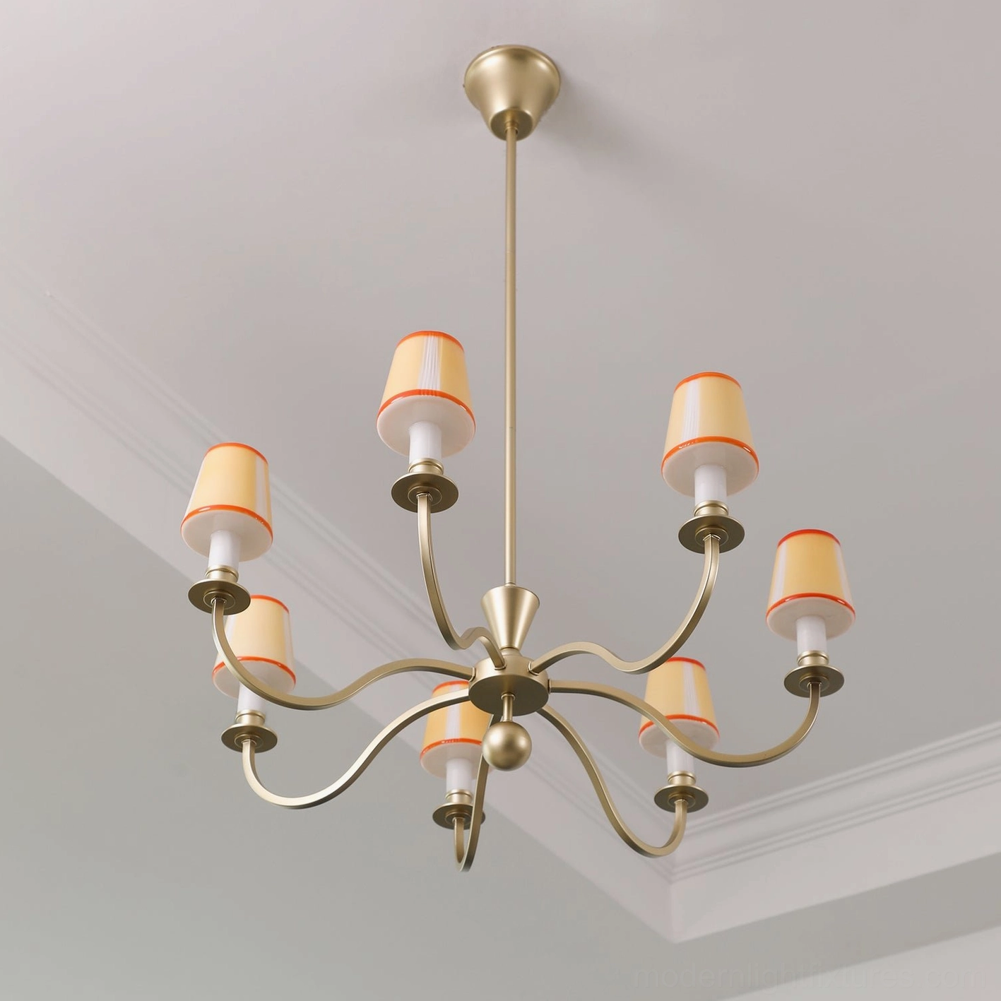 Elviera 8-light brass chandelier with orange-trimmed fabric shades, farmhouse vintage ceiling installation