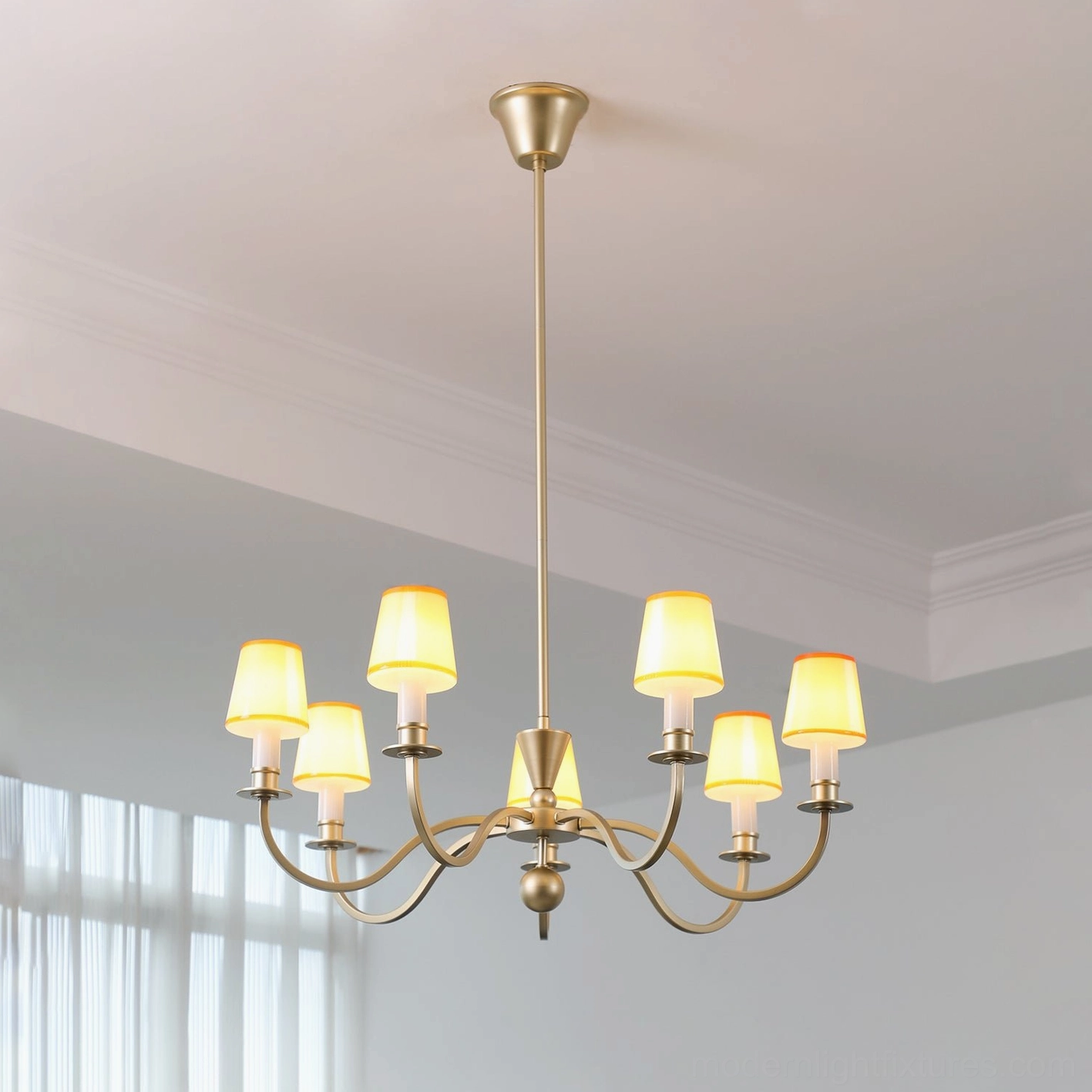 Elviera multi-head chandelier architectural lighting design highlighting sculptural brass frame