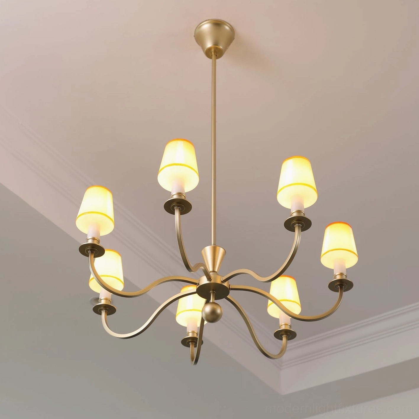 Elviera chandelier installation in grand foyer showing elegant mid-century modern proportions