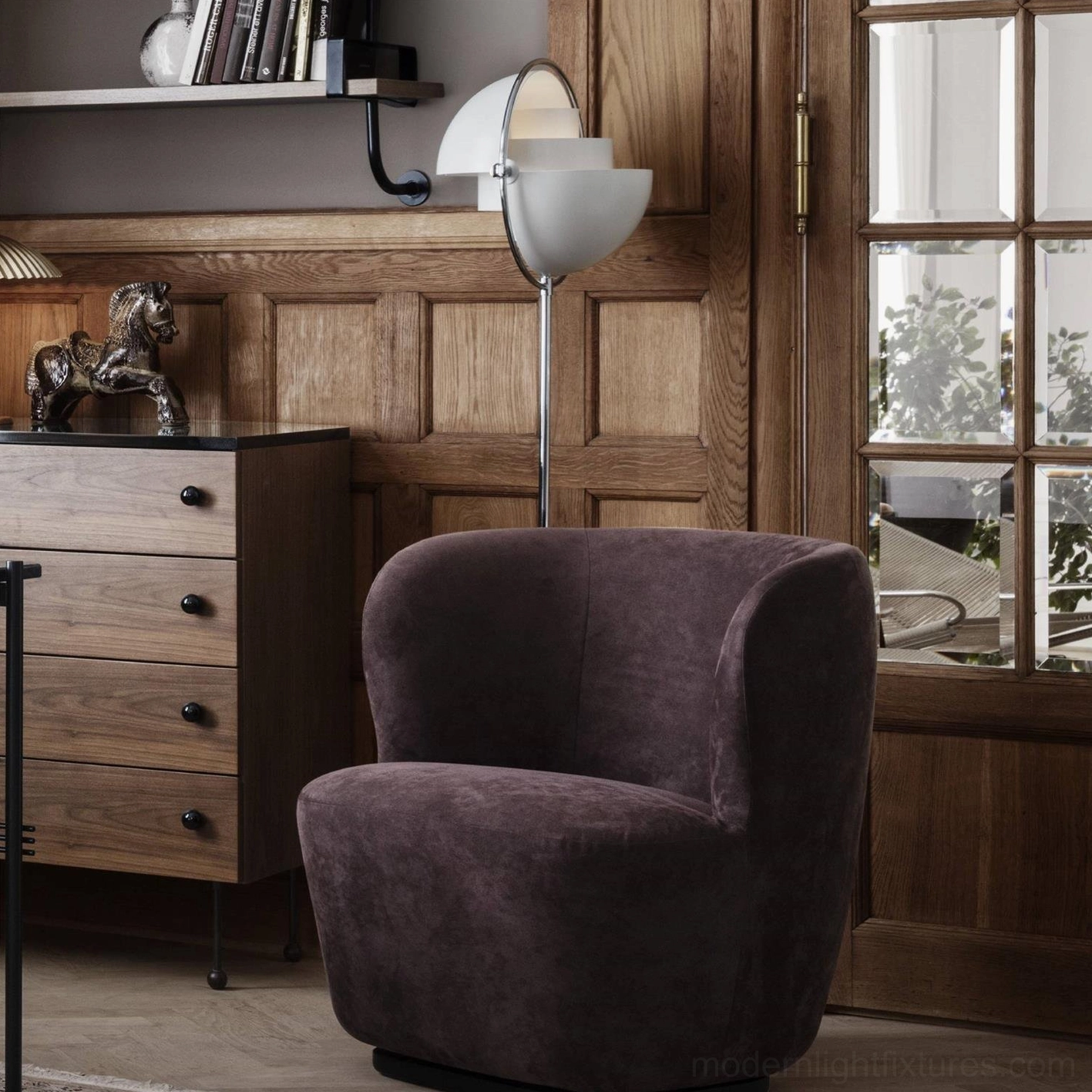 Silver spherical Elvira floor lamp with ring shade design in modern wooden stairwell lounge mid-century modern aesthetic