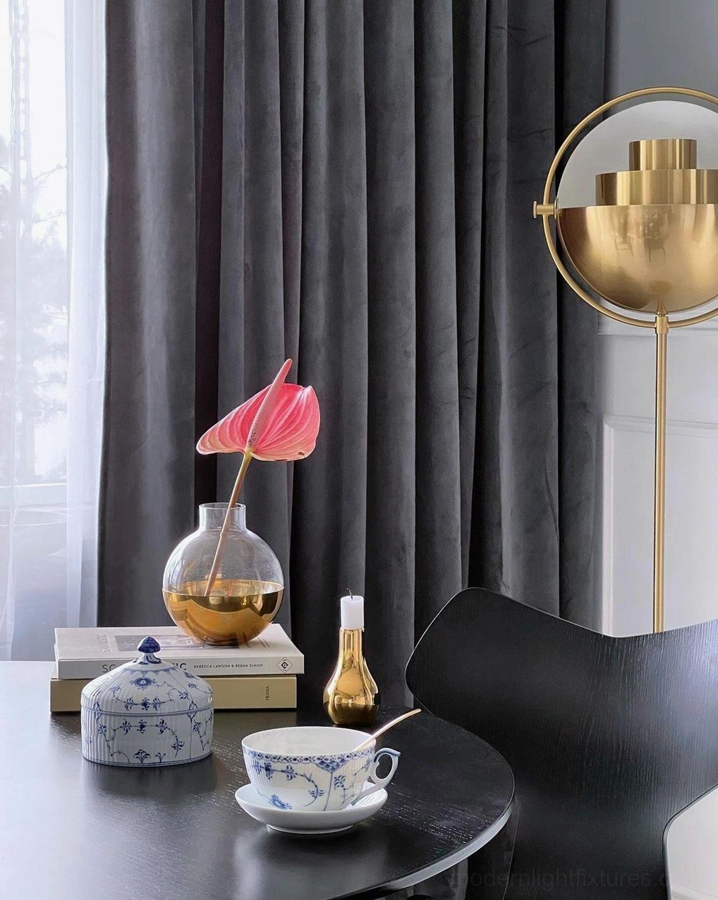 Elvira modern floor lamp detail view showcasing premium metallic finish and semi-sphere lamp head