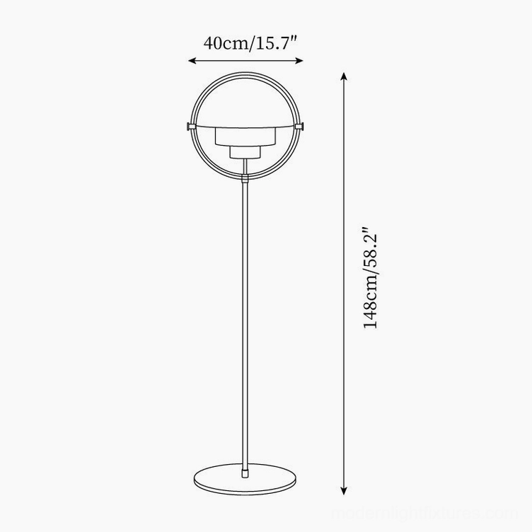 Technical schematic and dimension drawing of Elvira floor lamp showing 40cm diameter and 148cm total height specifications