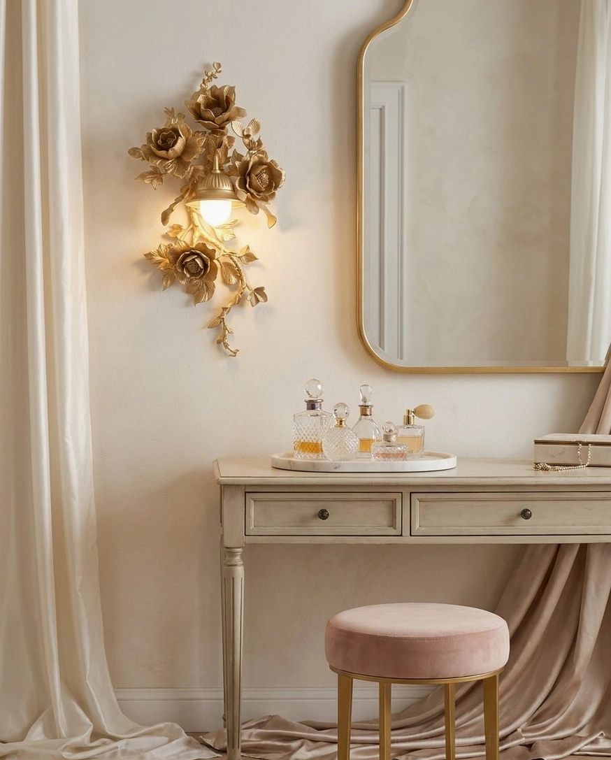 Elysia Bloom wall sconce in three finishes: gold, black, and white, color comparison showcase
