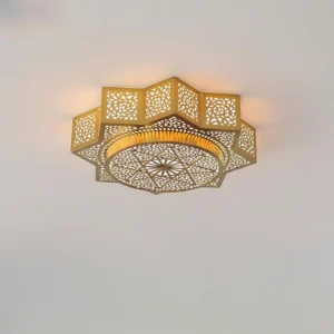 Elzara Moroccan style ceiling light low angle perspective showing multi-sided hollow carved brass design