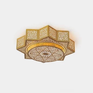 Elzara star brass ceiling light fixture frontal view with geometric perforated pattern on white background