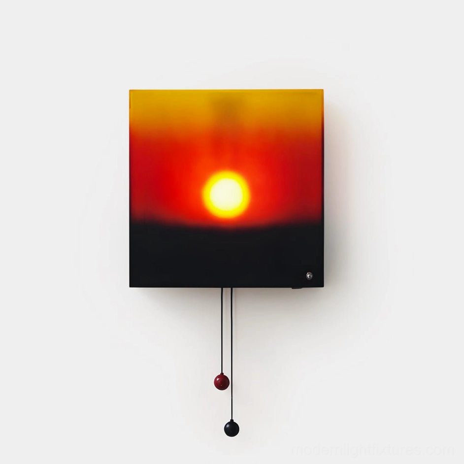 Ember Glow square wall sconce with black frame and red-amber sunset gradient panel, front view against white background