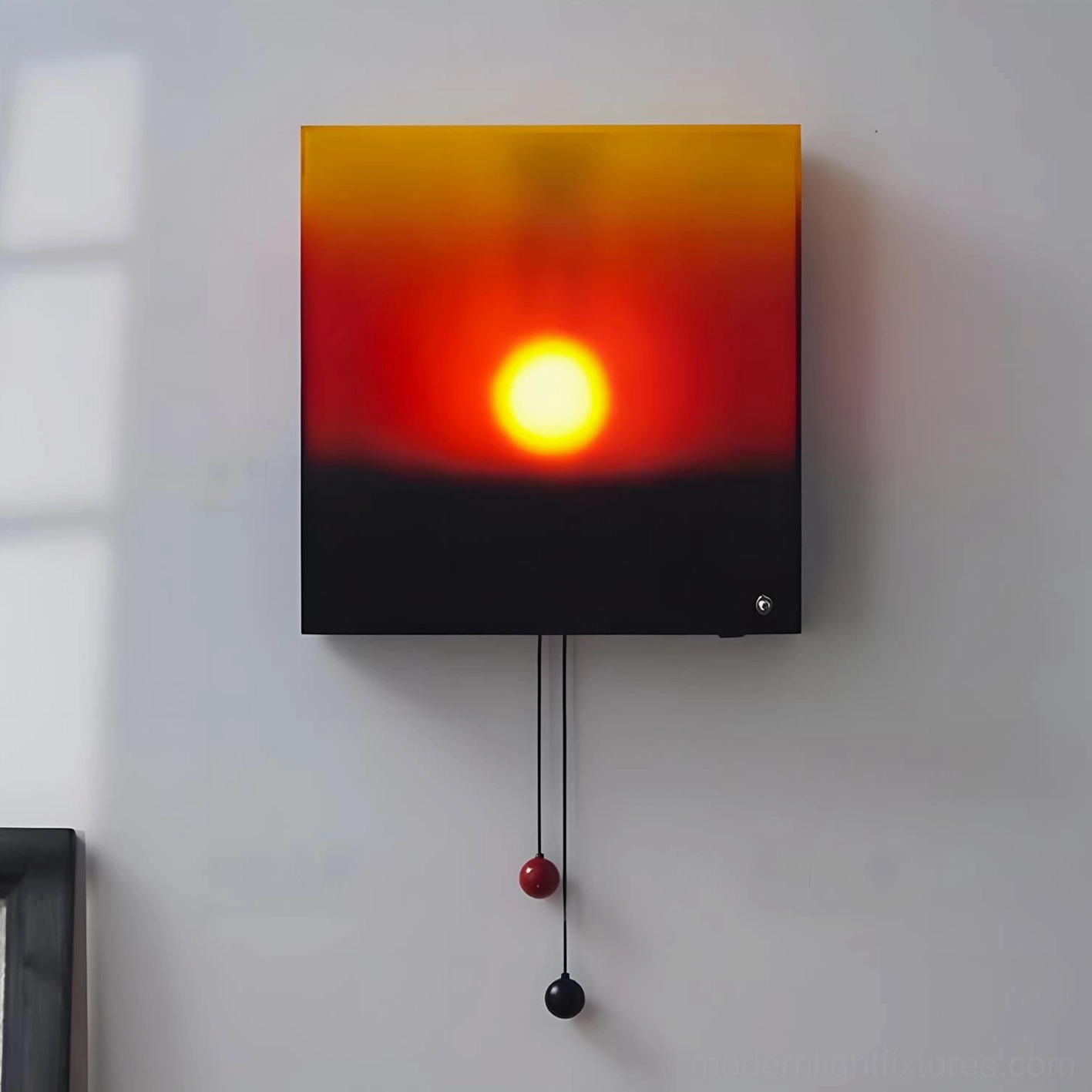Ember Glow square wall sconce Model A black frame with blue-yellow gradient panel front studio view