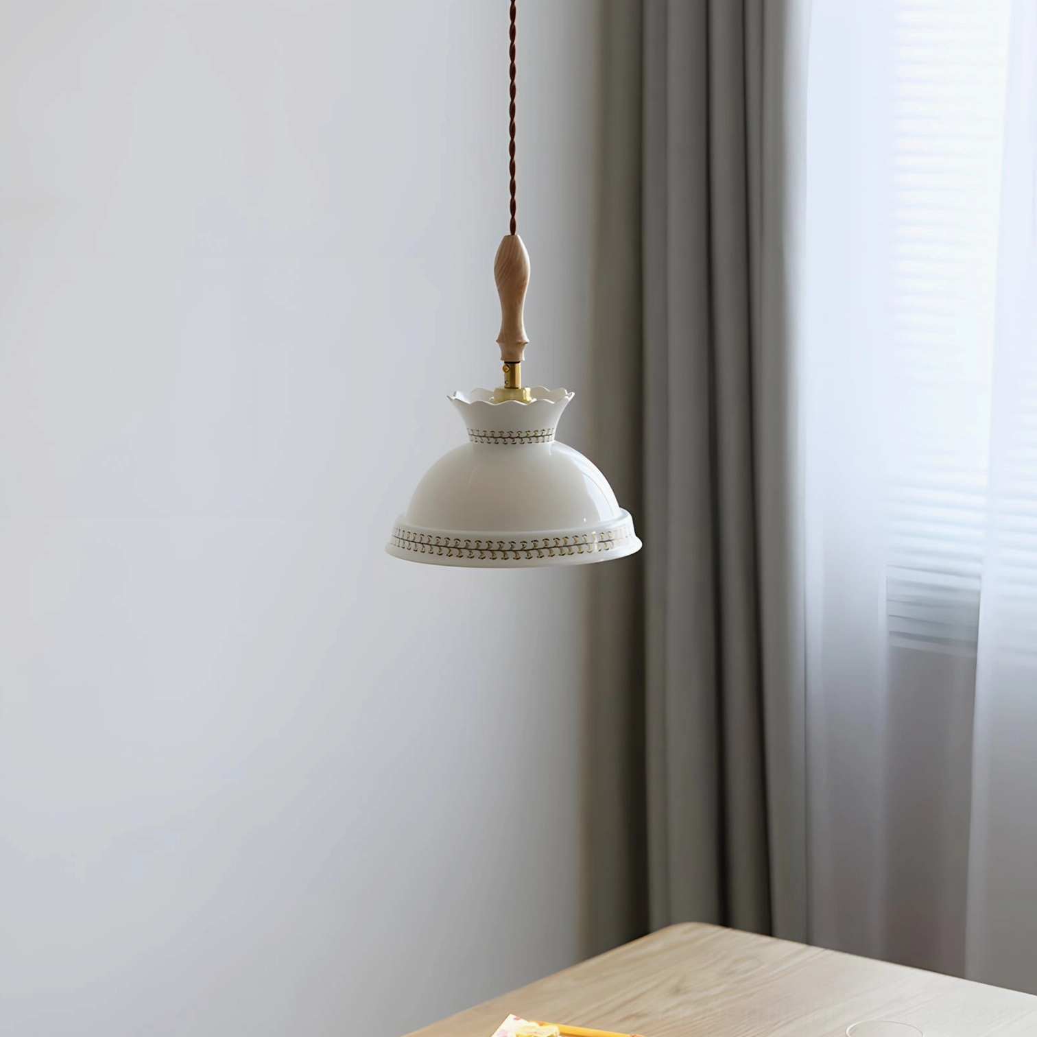 Embossed ceramic dome pendant lamp with decorative rim and retro rustic styling