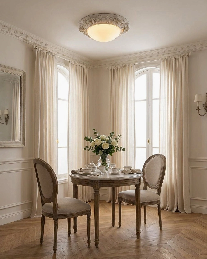 Embossed flush ceiling light fixture in French dining nook with wooden table and upholstered dining chairs, elegant neutral decor