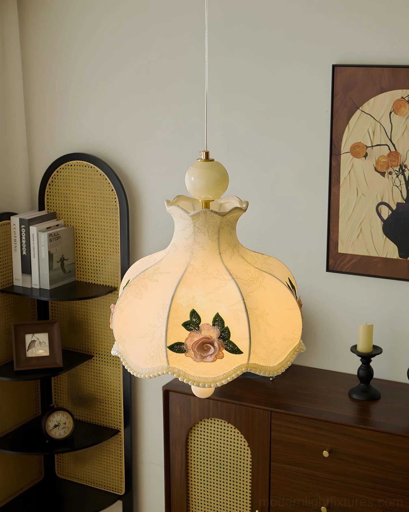 Bellevia embroidered fabric pendant light with detailed rose and botanical motifs