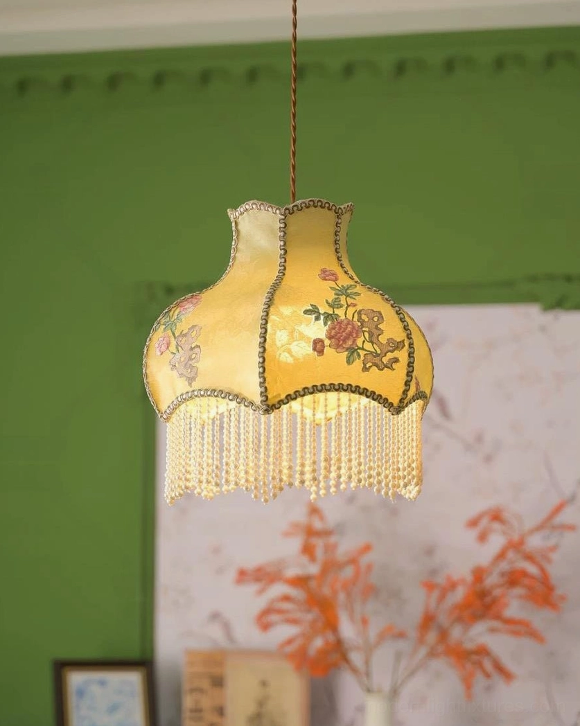 Sage green embroidered fabric pendant light shade showing floral damask pattern and beaded bottom hem