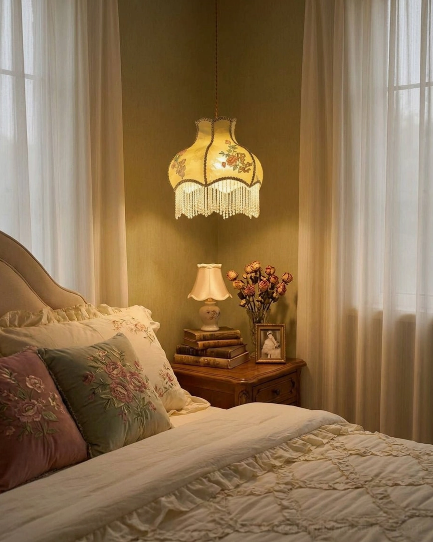 Fringed fabric pendant light casting warm glow in master bedroom with tufted bed and floral throw pillows