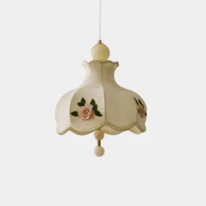 Bellevia embroidered floral fabric pendant light with cream shade, pink rose embroidery, and scalloped bead trim - front view studio shot