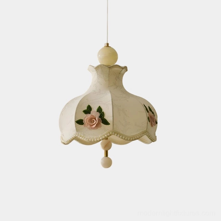 Bellevia embroidered floral fabric pendant light with cream shade, pink rose embroidery, and scalloped bead trim - front view studio shot