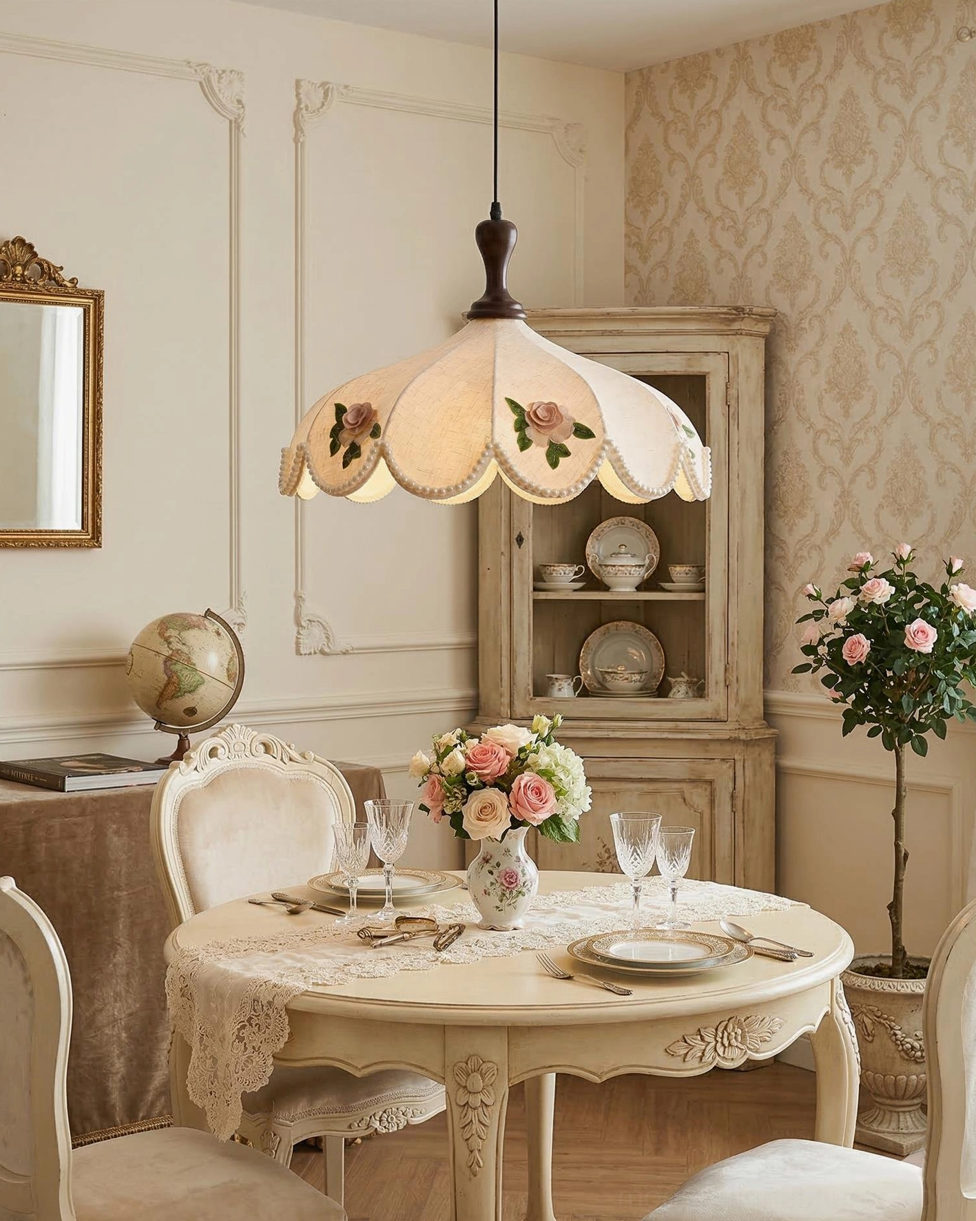 Rose embroidered fabric shade pendant light hanging above formal dining table in vintage-inspired dining room setting