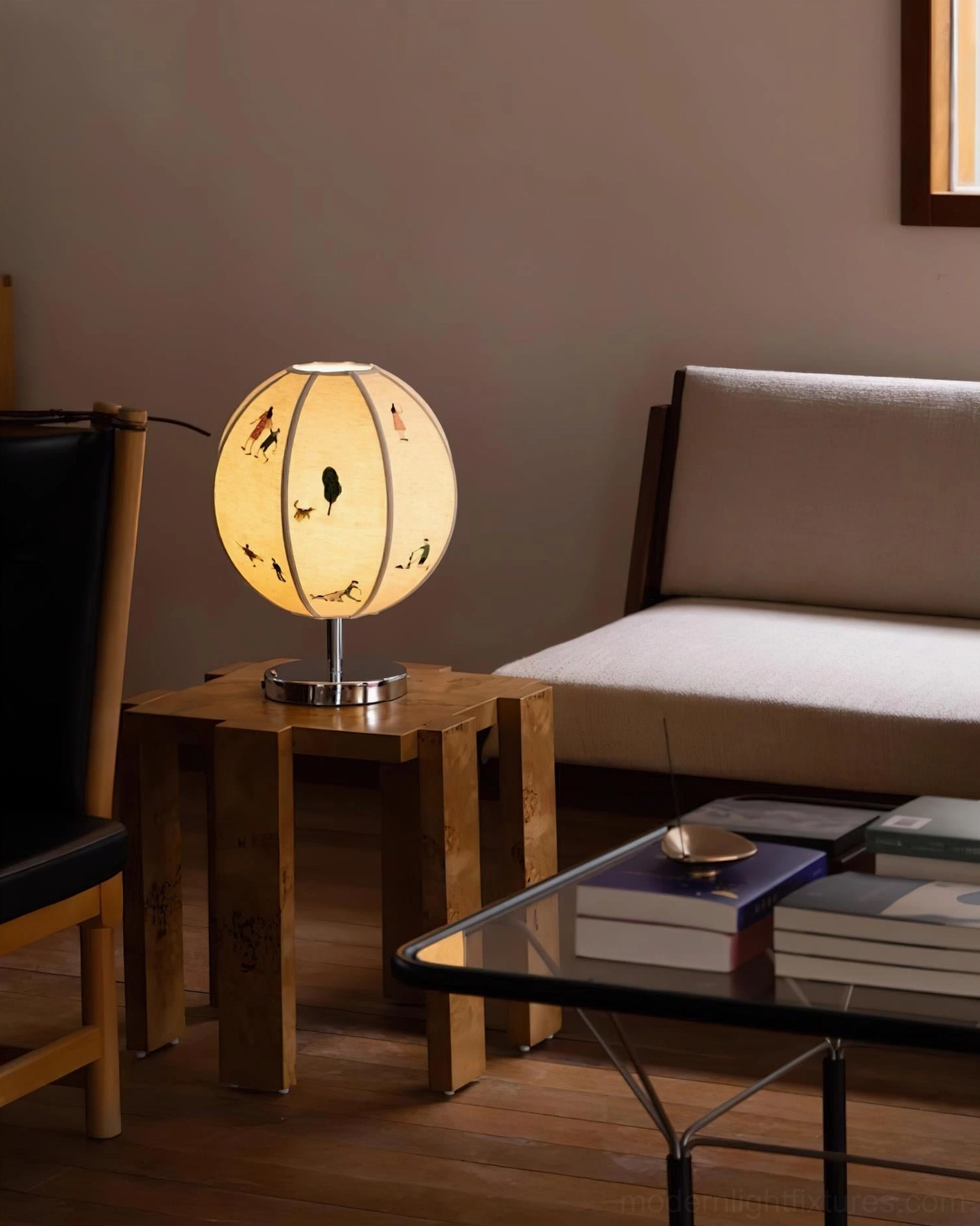 Contemporary embroidered table lamp shade with handcrafted cartoon figures and botanical embroidery on premium linen fabric