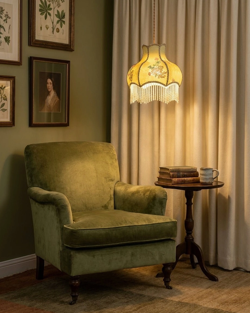 Fringed vintage pendant lamp creating soft light in reading corner with velvet armchair and sheer curtains