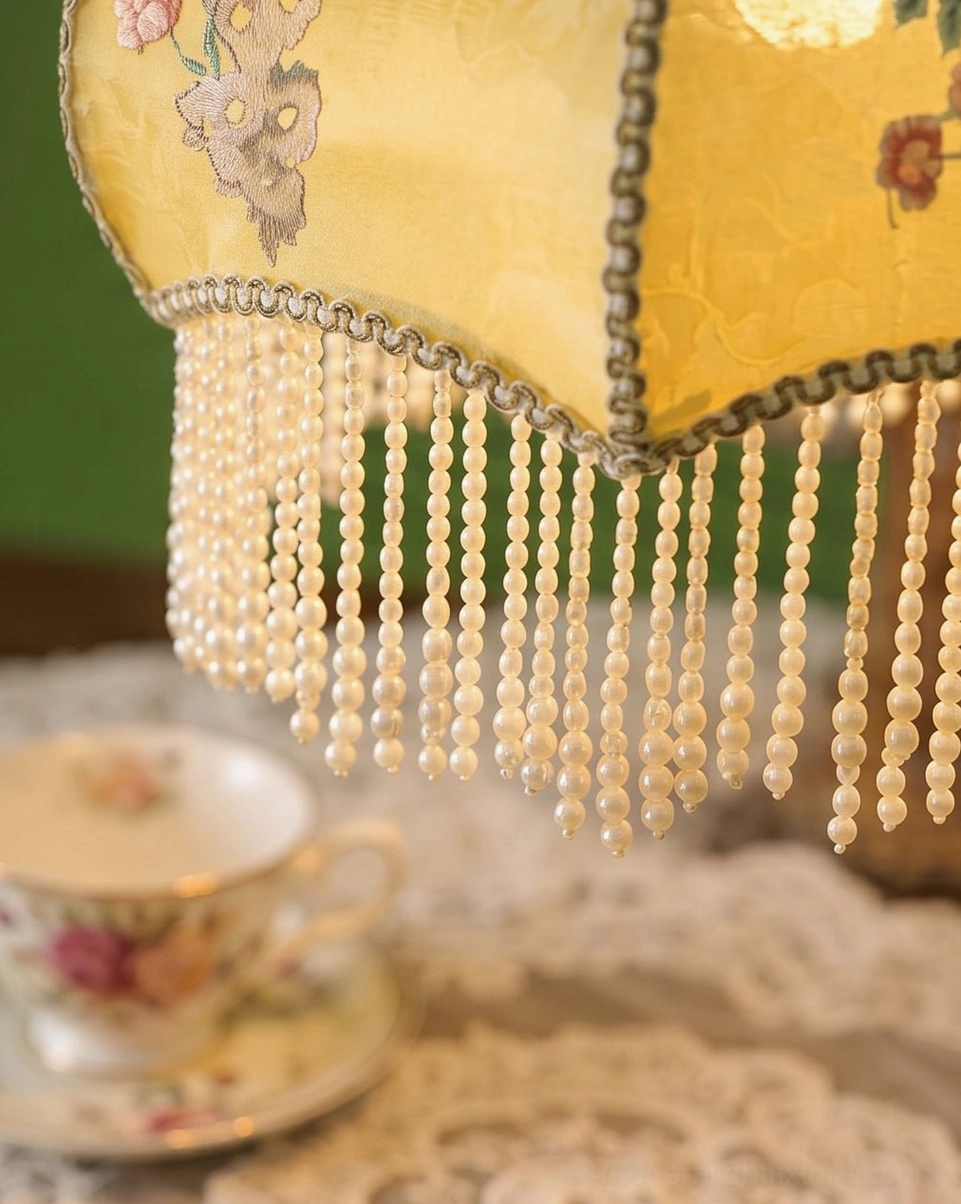 Victorian fabric pendant light in romantic bedroom setting with layered vintage décor and soft ambient glow