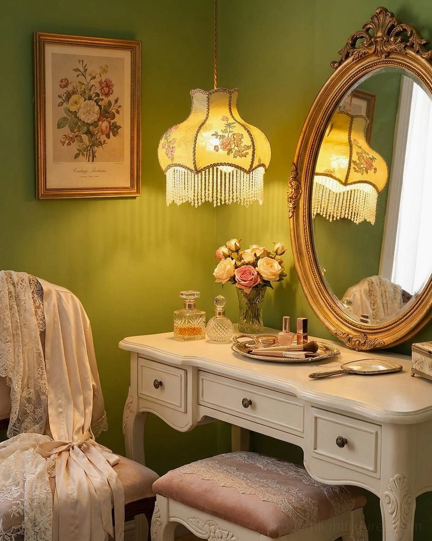 Beaded tassel pendant lamp illuminating vintage vanity corner with oval mirror and green accent wall
