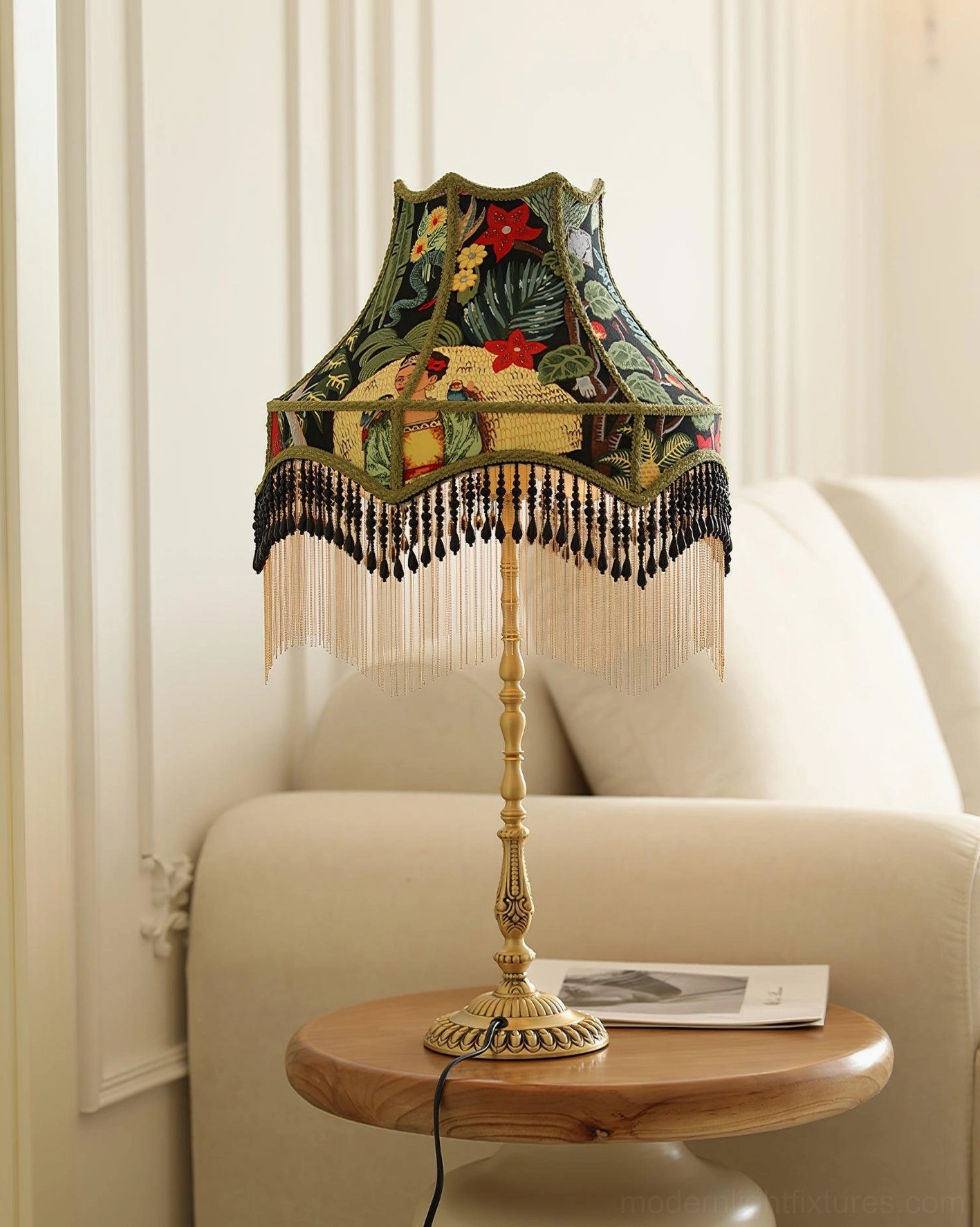 Hand-bound embroidered peony lampshade with fringe trim displayed on side table in modern living room