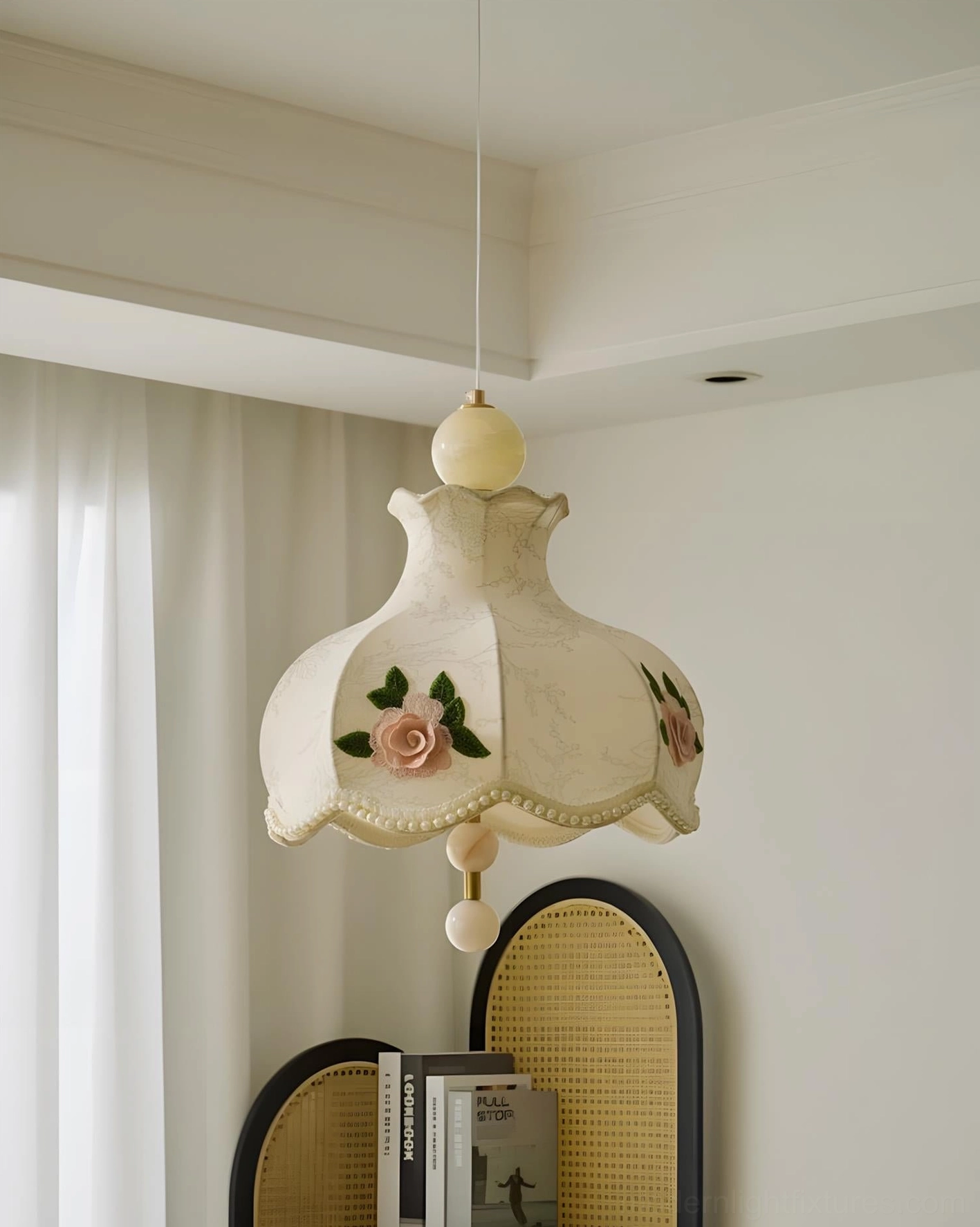 Bellevia fabric pendant light with rose embroidery and scalloped bead details - side angle indoor view