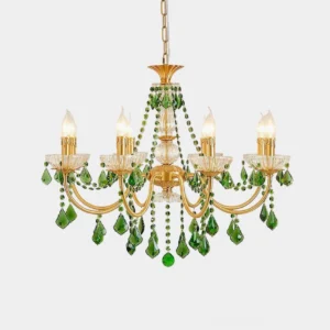 Emerald green crystal chandelier with gold frame featuring 8 hanging heads, front studio view on white background