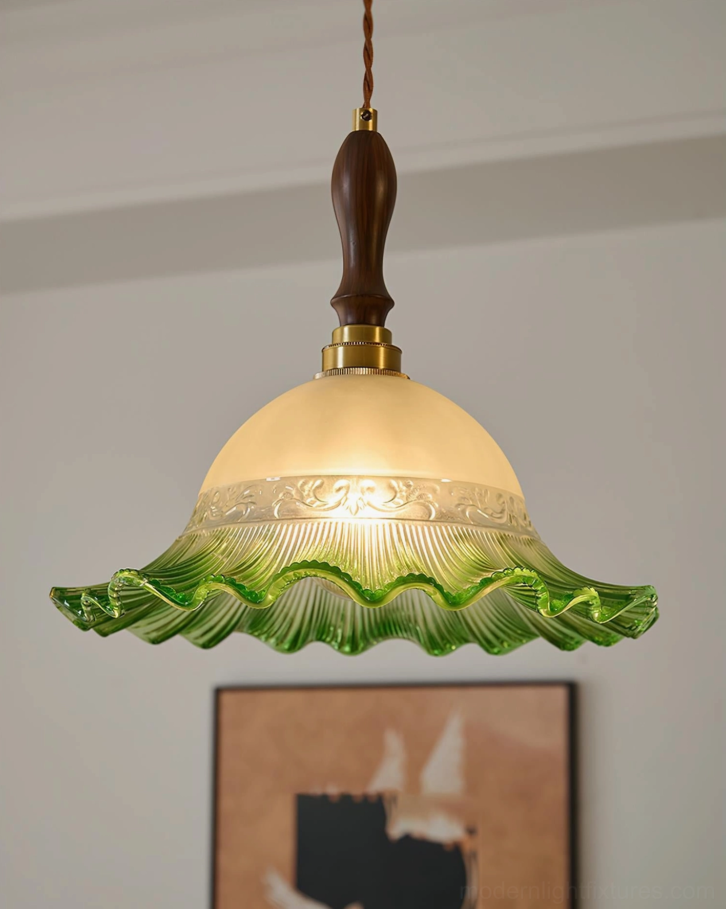 Emerald green gradient ruffled glass hand-blown pendant light with brass and wood hardware