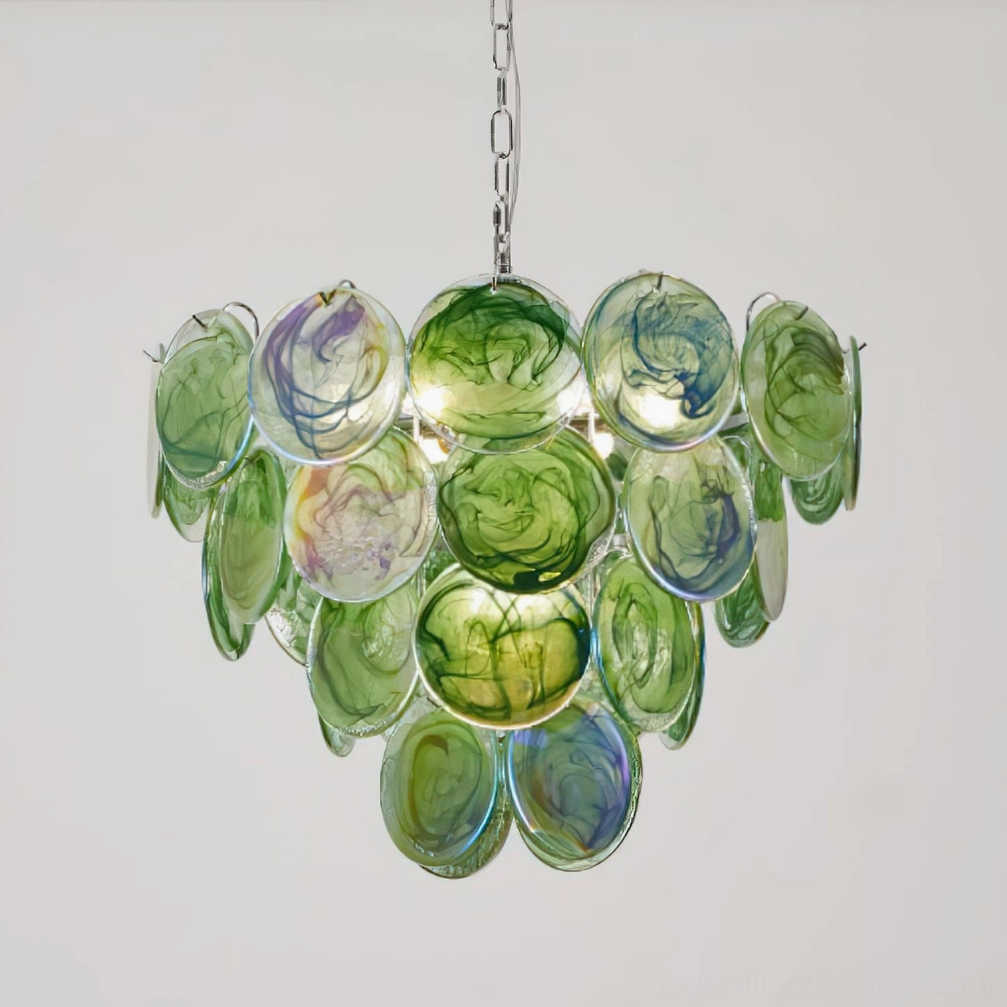 Emerald green hand-blown glass disc chandelier pendant light contemporary design