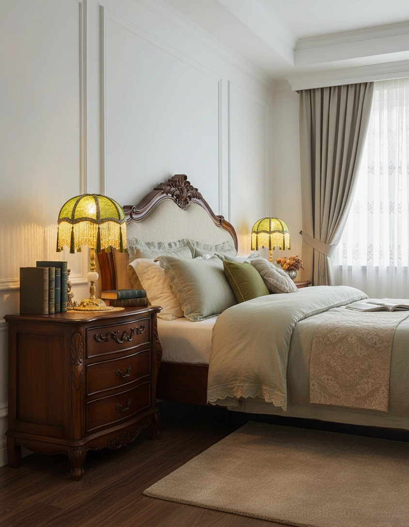 Emerald green velvet table lamp with gold metal base and decorative beads showing luxury lighting design