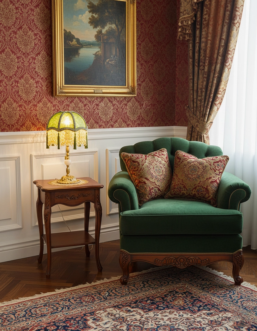 Emerald green table lamp placed on small wooden side table in classic European-style living room interior