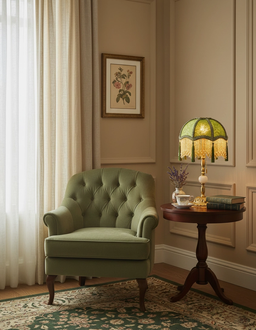 Emerald green table lamp on dark wooden side table with tufted green armchair in cozy warm-toned living room
