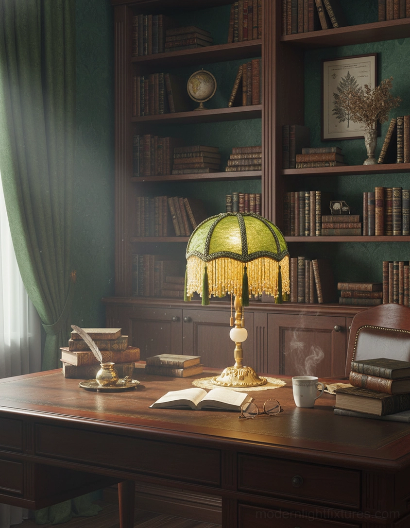 Emerald green table lamp with gold base and beaded tassel trim in elegant interior setting lighting