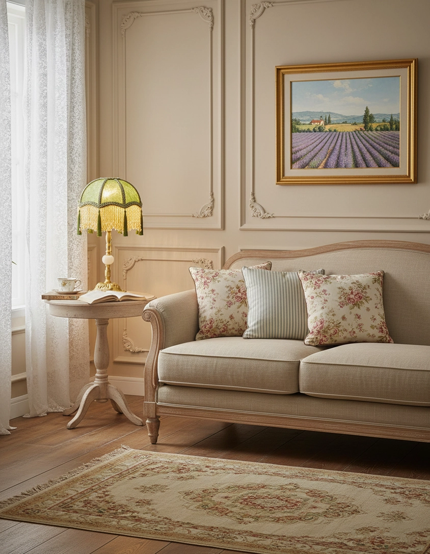 Green velvet table lamp on side table beside fabric sofa in minimalist contemporary European living room