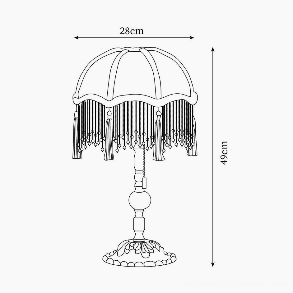 Emerald green velvet table lamp technical line drawing with dimensions 28cm width by 49cm height