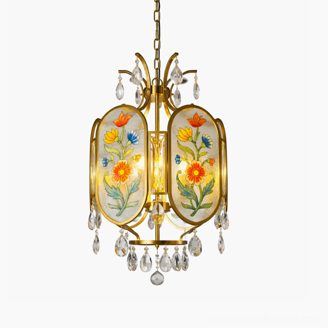 Enamel floral crystal pendant chandelier with gold brass frame and hand-painted multicolor glass close-up studio view