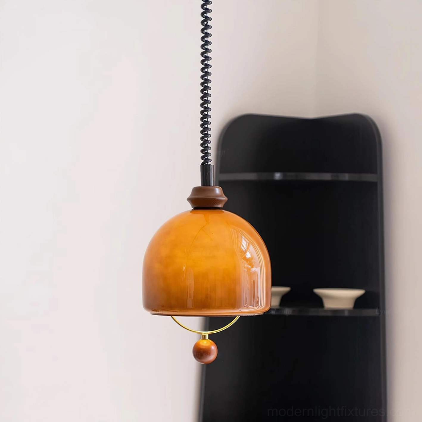 Enda glossy glass dome pendant light fixture detail showing coil element and premium material construction