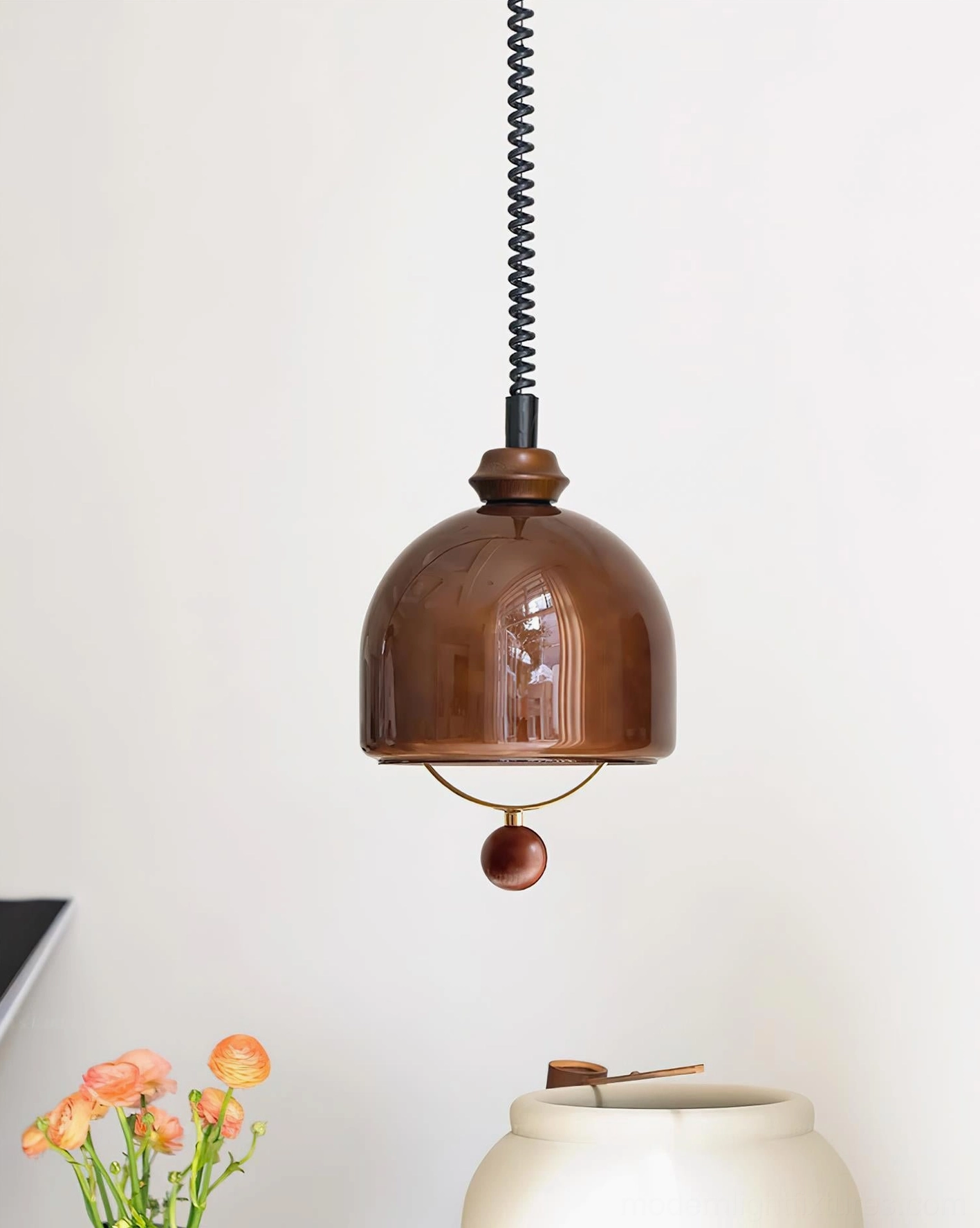 Enda contemporary glass dome pendant lamp installed in modern interior showing adjustable hanging system