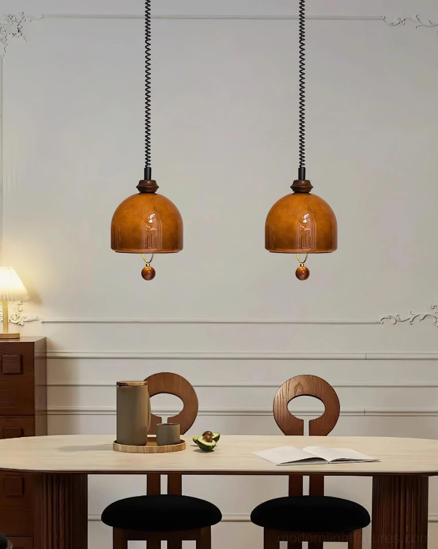 Enda mid-century modern glass dome pendant light showing brass ring and wooden ball suspension system