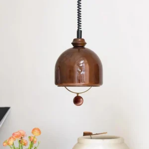 Enda retro pendant lamp in glossy coffee brown shade with wooden hanging orb and coil suspension system